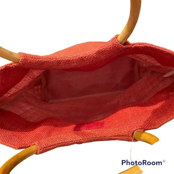 Vintage Marshall Fields Jute Handbag Orange Mini Tote NWT Wooden Handles 90s - Picture 6 of 11